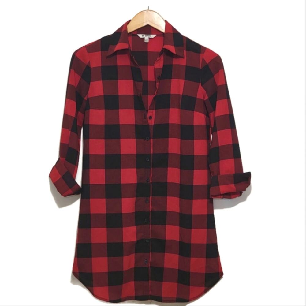 BB Dakota Buffalo Plaid Button Down Tunic Shirt Red Black XS Preppy - Picture 13 of 13